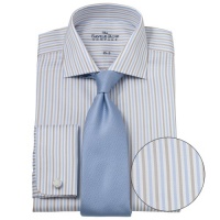 Savile Row Mens Blue Beige White Fancy Bengal Stripe Fitted Dress Shirt Double Cuff Savile Row Mens Blue Beige White Fancy Bengal Stripe Fitted Dress Shirt Double Cuff