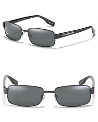 A rectangular silhouette lends iconic flair to these stylish Hugo Boss sunglasses.