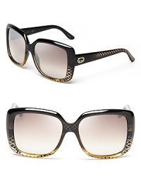 Gucci's oversized sunglasses fade to patterned gold for a glimmer of luxe style on sunny days. Gucci's oversized sunglasses fade to patterned gold for a glimmer of luxe style on sunny days.