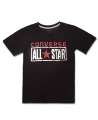 He's an All Star, so say it loud and proud with a license plate-style logo tee from Converse. He's an All Star, so say it loud and proud with a license plate-style logo tee from Converse.