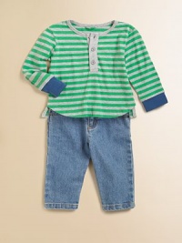 Colorful horizontal stripes enliven a handsome long sleeve tee in soft cotton.CrewneckLong sleeves with ribbed cuffsFront buttonsLonger-in-back tail hemCottonMachine washImported Colorful horizontal stripes enliven a handsome long sleeve tee in soft cotton.CrewneckLong sleeves with ribbed cuffsFront buttonsLonger-in-back tail hemCottonMachine washImported
