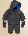Keep baby safe from the elements and extra toasty in this puffy, down-filled, two-piece snowsuit with snap-off hood and mittens