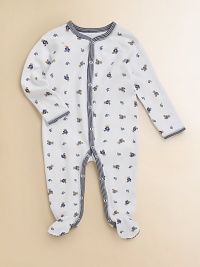 An adorable, bear covered footie in breathable cotton mesh, specially treated for a lustrous sheen.Striped crewneckLong sleeves with striped cuffsSnaps down the front hemCottonMachine washImported Please note: Number of snaps may vary depending on size ordered. An adorable, bear covered footie in breathable cotton mesh, specially treated for a lustrous sheen.Striped crewneckLong sleeves with striped cuffsSnaps down the front hemCottonMachine washImported Please note: Number of snaps may vary depending on size ordered.
