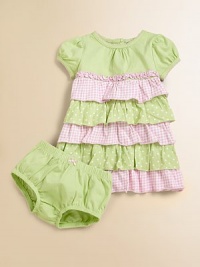 Tiers of contrasting check and polka dot ruffles and a pretty ruffled empire waist transform this soft cotton frock into an eye-catching work of art.CrewneckShort cap sleevesBack buttonsRuffled empire waistCottonMachine washImported Please note: Number of buttons may vary depending on size ordered. Tiers of contrasting check and polka dot ruffles and a pretty ruffled empire waist transform this soft cotton frock into an eye-catching work of art.CrewneckShort cap sleevesBack buttonsRuffled empire waistCottonMachine washImported Please note: Number of buttons may vary depending on size ordered.