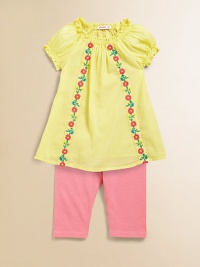 She'll cheer for this bold and brilliant set, blooming with floral embroidery and cozy cotton leggings for a stylish, warm-weather ensemble. Top Round ruffled necklineShort puff sleevesPullover stylingFlared hem Leggings Elastic waistbandCottonMachine washMade in USA She'll cheer for this bold and brilliant set, blooming with floral embroidery and cozy cotton leggings for a stylish, warm-weather ensemble. Top Round ruffled necklineShort puff sleevesPullover stylingFlared hem Leggings Elastic waistbandCottonMachine washMade in USA