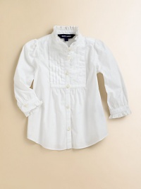 A traditional button-front design in timeless cotton poplin features pintucked detailing and ruffle trim for a girly look.Ruffled stand collarLong sleeves with single-button barrel cuffsButton-frontShirttail hemCottonMachine washImported Please note: Number of buttons may vary depending on size ordered. A traditional button-front design in timeless cotton poplin features pintucked detailing and ruffle trim for a girly look.Ruffled stand collarLong sleeves with single-button barrel cuffsButton-frontShirttail hemCottonMachine washImported Please note: Number of buttons may vary depending on size ordered.