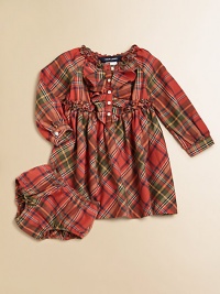 A festive plaid pattern graces this adorable button-front shirt dress, featuring a sweet ruffle trim and flared hem.Ruffled round necklineLong sleeves with barrel cuffsRuffled button-frontFlared hemCottonMachine washImported Please note: Number of buttons may vary depending on size ordered. A festive plaid pattern graces this adorable button-front shirt dress, featuring a sweet ruffle trim and flared hem.Ruffled round necklineLong sleeves with barrel cuffsRuffled button-frontFlared hemCottonMachine washImported Please note: Number of buttons may vary depending on size ordered.