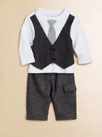 He'll look instantly sharp in this dapper set, featuring vest and tie details and a smart herringbone knit. Shirt CrewneckLong sleevesFront tie detailFaux vest with button closure Pants Pull-on styleSingle cargo pocketShirt: cottonFaux vest and pants: polyesterMachine washImported Please note: Number of buttons may vary depending on size ordered. He'll look instantly sharp in this dapper set, featuring vest and tie details and a smart herringbone knit. Shirt CrewneckLong sleevesFront tie detailFaux vest with button closure Pants Pull-on styleSingle cargo pocketShirt: cottonFaux vest and pants: polyesterMachine washImported Please note: Number of buttons may vary depending on size ordered.