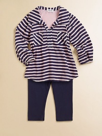 An instant outfit with a cool, wide collar, bold stripes and comfy matching leggings. Top Point collarV-neckLong sleeves with elasticized cuffsPatch chest pocketsContrast back panelCurved hem Leggings Pull-on style50% modal/48% supima cotton/2% spandexMachine washImported An instant outfit with a cool, wide collar, bold stripes and comfy matching leggings. Top Point collarV-neckLong sleeves with elasticized cuffsPatch chest pocketsContrast back panelCurved hem Leggings Pull-on style50% modal/48% supima cotton/2% spandexMachine washImported