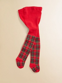 Opaque, stretch tights adorned with a festive tartan print.Elastic waistSmooth from waist to hips49% polyester/48% cotton/3% spandexMachine washMade in USA