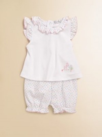 Precious ruffles and playful dots make for a fun, feminine look. Round necklineShort sleevesSolid color bodice with animal image embroidered at the hemlineRuffle trim at the neckline, cuffs and legsBack snap closureWaist and legs have elastic bandsPima cottonMachine washImported Precious ruffles and playful dots make for a fun, feminine look. Round necklineShort sleevesSolid color bodice with animal image embroidered at the hemlineRuffle trim at the neckline, cuffs and legsBack snap closureWaist and legs have elastic bandsPima cottonMachine washImported