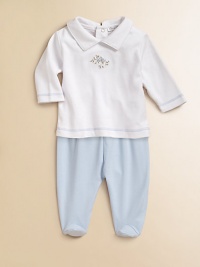 Crafted in lush pima cotton, a newborn's essential collared top and footed pants set features birdie embroidery and contrast stitching. Top Point collarLong sleevesBack snaps Pants Elastic waistbandPima cottonMachine washImported Please note: Number of snaps may vary depending on size ordered. Crafted in lush pima cotton, a newborn's essential collared top and footed pants set features birdie embroidery and contrast stitching. Top Point collarLong sleevesBack snaps Pants Elastic waistbandPima cottonMachine washImported Please note: Number of snaps may vary depending on size ordered.