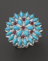 A bold applique statement ring in sterling silver with turquoise and red spinel stones.