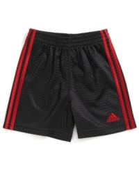 He'll be ready for relaxing in these comfortable mesh shorts from adidas. He'll be ready for relaxing in these comfortable mesh shorts from adidas.