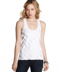Casual and totally cute, this tank from BCX adds texture to your jeans via strips of asymmetrical panels! Casual and totally cute, this tank from BCX adds texture to your jeans via strips of asymmetrical panels!