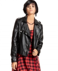 Chic stud design adds tough-stuff attitude to this faux-leather motorcycle jacket from Material Girl! Chic stud design adds tough-stuff attitude to this faux-leather motorcycle jacket from Material Girl!