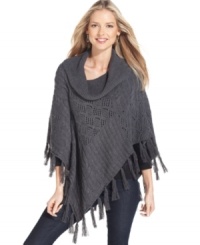 Style&co.'s mixed-knit poncho makes layering a cinch--this fringed sweater looks great over denim or dress pants. Style&co.'s mixed-knit poncho makes layering a cinch--this fringed sweater looks great over denim or dress pants.