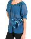 Sheer lace neck lines and sleeves blouse in Aqua