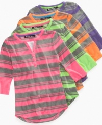 Jeweled buttons and bright stripes dress up this henley tee from Planet Gold. Jeweled buttons and bright stripes dress up this henley tee from Planet Gold.
