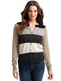 THE LOOKColorblock designRibbed crewneckButton frontLong sleeves with ribbed cuffsRibbed hemTHE FITAbout 23½ from shoulder to hemTHE MATERIALCashmereCARE & ORIGINDry cleanImportedModel shown is 5'8 (173cm) wearing US size Small. THE LOOKColorblock designRibbed crewneckButton frontLong sleeves with ribbed cuffsRibbed hemTHE FITAbout 23½ from shoulder to hemTHE MATERIALCashmereCARE & ORIGINDry cleanImportedModel shown is 5'8 (173cm) wearing US size Small.