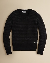 She'll want to wear this sweater every day, with everything - skinny jeans, flared skirt, black pants. The classic crew neck is updated with glittering stripes and wide ribbing at the cuffs and hem. She'll want to wear this sweater every day, with everything - skinny jeans, flared skirt, black pants. The classic crew neck is updated with glittering stripes and wide ribbing at the cuffs and hem.