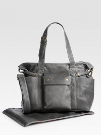 You'll still be carrying this elegant bag long after baby has grown, crafted of light, soft leather with two outer snap flap pockets, 2 open bottle pockets on each side, water-resistant lining with 1 zip and 3 open pockets, plus a matching changing pad.Two adjustable top handles, 11 drop Detachable shoulder strap Top zip closure 12H X 16W X 6D Made in USA You'll still be carrying this elegant bag long after baby has grown, crafted of light, soft leather with two outer snap flap pockets, 2 open bottle pockets on each side, water-resistant lining with 1 zip and 3 open pockets, plus a matching changing pad.Two adjustable top handles, 11 drop Detachable shoulder strap Top zip closure 12H X 16W X 6D Made in USA