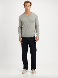Classicly modern fit, with the feel of well-worn denim, rendered in fine cotton, sure to be a seasonal favorite.Flat-front styleSide slash, back welt pocketsInseam, about 32CottonDry cleanImported Classicly modern fit, with the feel of well-worn denim, rendered in fine cotton, sure to be a seasonal favorite.Flat-front styleSide slash, back welt pocketsInseam, about 32CottonDry cleanImported
