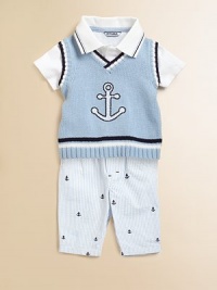A basic one-piece knit makes a handsome statement with anchor design and colorful stripes.Point collarShort sleevesFront buttonsBottom snaps for easy on and offCottonMachine washImported Please note: Numbers of buttons and snaps may vary depending on size ordered. A basic one-piece knit makes a handsome statement with anchor design and colorful stripes.Point collarShort sleevesFront buttonsBottom snaps for easy on and offCottonMachine washImported Please note: Numbers of buttons and snaps may vary depending on size ordered.