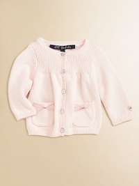 A charming layer with playful bows on the front and back.Ribbed crewneckButton frontLong sleeves with ribbed cuffsPatch side pocketsBack bow detailRibbed hem94% cotton/6% angoraMachine washImported Please note: Number of buttons may vary depending on size ordered. 