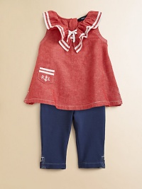 A woven cotton chambray top and stretch cotton legging set evokes sporty nautical style, detailed with sailor-inspired stripes, an embroidered patch pocket and a ruffled neckline. Top Ruffled V-neckSleevelessBack buttonsFlared hem Leggings Elastic waistbandCropped legSide-vented hemCotton/linenMachine washImported Please note: Number of buttons may vary depending on size ordered. A woven cotton chambray top and stretch cotton legging set evokes sporty nautical style, detailed with sailor-inspired stripes, an embroidered patch pocket and a ruffled neckline. Top Ruffled V-neckSleevelessBack buttonsFlared hem Leggings Elastic waistbandCropped legSide-vented hemCotton/linenMachine washImported Please note: Number of buttons may vary depending on size ordered.