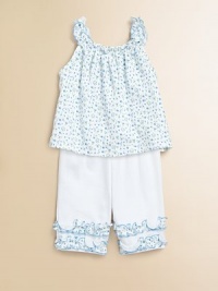 Dainty flowers and delicate ruffle trim makes for a pretty, yet comfortable, design for your little one. Scoopneck with ruffled trimSleevelessAllover floral printElastic waistbandSolid pant with floral ruffle trimPima cottonMachine washImported Dainty flowers and delicate ruffle trim makes for a pretty, yet comfortable, design for your little one. Scoopneck with ruffled trimSleevelessAllover floral printElastic waistbandSolid pant with floral ruffle trimPima cottonMachine washImported