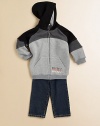 Your little guy will be ready for anything wearing this ultra-soft, three-piece set with distressed signature graphics. Zip-front, long-sleeve colorblocked hoodie with graphic logo screen and split kangaroo pocketsLong-sleeve tee with ribbed crewneck and urban logo printJean pants with snap close, back elastic waist and back patch pocketsHoodie and tee: cotton/polyesterJeans: cottonMachine washImported