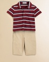 This adorable set pairs a lightweight striped polo with traditional chino pants and a bulldog ribbon belt for preppy, tailored style. Polo Shirt Pointed collarShort sleevesButton-front Pants Button closureBelted waistband with D-ring beltZip flyCottonMachine washImported Please note: Number of buttons may vary depending on size ordered. 