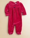 A beautiful long-sleeved footed coverall in plush velour is highlighted with pretty puff sleeves and embroidery.Peter Pan collarLong sleevesBack buttonsGathered empire waistConcealed bottom snaps80% cotton/20% polyesterMachine washImported Please note: Number of snaps/buttons may vary depending on size ordered. 