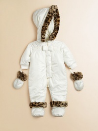 Keep baby safe from the elements and extra toasty in this pearlized nylon ripstop snowsuit with snap-off hood, mittens and booties featuring faux fur trim.Zip-off hood with faux fur trimStand collarLong sleeves with snap-off mittensPartially concealed zip-front and backRibbed cuffs and hemSnap-off booties with faux fur trimFully linedNylonMachine washImported Please note: Number of snaps may vary depending on size ordered. 