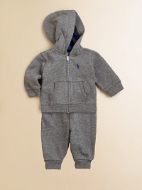 Rendered in luxuriously soft cotton, a hooded sweatshirt and matching athletic pant provide the perfect pairing for lounge or play. Sweatshirt Attached hoodLong sleevesFull-zip frontSplit kangaroo pocketsRibbed hem Sweatpants Elastic waistband with drawstringRibbed hemCottonMachine washImported Rendered in luxuriously soft cotton, a hooded sweatshirt and matching athletic pant provide the perfect pairing for lounge or play. Sweatshirt Attached hoodLong sleevesFull-zip frontSplit kangaroo pocketsRibbed hem Sweatpants Elastic waistband with drawstringRibbed hemCottonMachine washImported