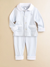 An adorable matching set features a long-sleeved button-down shirt and comfy pima cotton jersey cuffed pants for the ultimate casual-ready ensemble. Shirt Club collarLong sleeves with contrast cuffsButton-frontPatch pockets Pants Elastic waistbandCuffed hemCottonMachine washImported Please note: Number of buttons may vary depending on size ordered. An adorable matching set features a long-sleeved button-down shirt and comfy pima cotton jersey cuffed pants for the ultimate casual-ready ensemble. Shirt Club collarLong sleeves with contrast cuffsButton-frontPatch pockets Pants Elastic waistbandCuffed hemCottonMachine washImported Please note: Number of buttons may vary depending on size ordered.