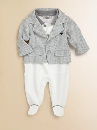 Combining the style of a pique polo shirt, a houndstooth jacket and a cozy cotton footie for an adorable one-piece ensemble.Polo collarLong sleeves with button cuffsButton-frontFront flap pocketsBottom snapsCottonDry cleanImported Please note: Number of buttons/snaps may vary depending on size ordered. 