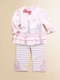 Oh la la! This Parisian-themed set has tiers of ruffles, stripes and a contrasting bow to add an extra special touch to this plush cotton set. Top CrewneckLong sleeves with elastic cuffsBack buttonsRuffled hem Pants Elastic waistbandCottonMachine washImported Oh la la! This Parisian-themed set has tiers of ruffles, stripes and a contrasting bow to add an extra special touch to this plush cotton set. Top CrewneckLong sleeves with elastic cuffsBack buttonsRuffled hem Pants Elastic waistbandCottonMachine washImported
