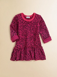 An on-trend leopard print adorns this charming, drop-waist frock with ruffled skirt.Round necklineLong sleevesPullover styleDrop-waistRuffled hem48% cotton/48% modal/4% spandexMachine washImported