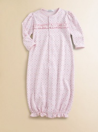 This soft cotton gown with mini hearts and ruffled trim can be converted to legs.CrewneckLong sleeves with mitten cuffsFront snapsBottom elasticOrganic pima cottonMachine washImported Please note: Number of snaps may vary depending on size ordered. This soft cotton gown with mini hearts and ruffled trim can be converted to legs.CrewneckLong sleeves with mitten cuffsFront snapsBottom elasticOrganic pima cottonMachine washImported Please note: Number of snaps may vary depending on size ordered.