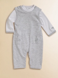From the Nutkins collection, a striped pima cotton coverall is adorned with embroidered squirrels and paired with a matching bodysuit for a precious ensemble. Bodysuit CrewneckLong sleeves Shoulder snap closureBottom snaps Overalls Round necklineSleevelessShoulder snapsPatch pocketsBottom snapsOverall: 94% pima cotton/6% polyesterBodysuit: CottonMachine washImported Please note: Number of snaps may vary depending on size ordered.