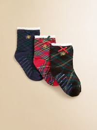 Festive plaid socks keep tiny feet comfy and cozy.Non-skid bottoms58% cotton/22% polyester/18% nylon/1% rubber/1% spandexMachine washImported Festive plaid socks keep tiny feet comfy and cozy.Non-skid bottoms58% cotton/22% polyester/18% nylon/1% rubber/1% spandexMachine washImported