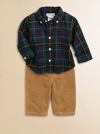 An ultra-preppy set includes a tartan plaid woven cotton shirt, a corduroy pant and a matching grosgrain ribbon belt. Shirt Button-down collarLong sleevesButton-frontShirttail hemPants Waistband with belt loopsSewn faux flyCottonMachine washImported Please note: Number of buttons may vary depending on size ordered. An ultra-preppy set includes a tartan plaid woven cotton shirt, a corduroy pant and a matching grosgrain ribbon belt. Shirt Button-down collarLong sleevesButton-frontShirttail hemPants Waistband with belt loopsSewn faux flyCottonMachine washImported Please note: Number of buttons may vary depending on size ordered.