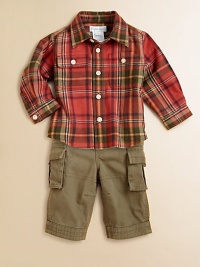 This preppy set pairs a bright plaid button-down shirt and essential cotton chino pant that comes with a coordinated belt. Shirt Straight point collarLong sleeves with barrel cuffsButton-frontButtoned patch pocketsSplit back yokeShirttail hem Pants Single snap closureRear elasticized waistband with belt loopsFaux flyHand pocketsCargo pocketsCottonMachine washImported Please note: Number of buttons may vary depending on size This preppy set pairs a bright plaid button-down shirt and essential cotton chino pant that comes with a coordinated belt. Shirt Straight point collarLong sleeves with barrel cuffsButton-frontButtoned patch pocketsSplit back yokeShirttail hem Pants Single snap closureRear elasticized waistband with belt loopsFaux flyHand pocketsCargo pocketsCottonMachine washImported Please note: Number of buttons may vary depending on size