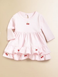 A sweet silhouette with embroidered cherries, picot trim, gathered waist and tiered ruffle hem. Crewneck Long sleeves Back keyhole with snap closure Hit just below knee Cotton Machine wash Imported A sweet silhouette with embroidered cherries, picot trim, gathered waist and tiered ruffle hem. Crewneck Long sleeves Back keyhole with snap closure Hit just below knee Cotton Machine wash Imported