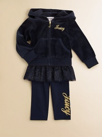 Not your basic lounge around set, this velour ensemble features gold logo detail and shimmering, skirted leggings. Hoodie Attached hoodLong sleevesFull zip frontRibbed cuffs and hemSplit kangaroo pockets Leggings Elastic waistbandSkirted bottomCotton/Polyester/SpandexMachine washImported Not your basic lounge around set, this velour ensemble features gold logo detail and shimmering, skirted leggings. Hoodie Attached hoodLong sleevesFull zip frontRibbed cuffs and hemSplit kangaroo pockets Leggings Elastic waistbandSkirted bottomCotton/Polyester/SpandexMachine washImported