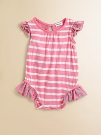 Fancy flutter sleeves and darling ruffles lend this cozy, striped one-piece a romantic touch.Round necklineShort flutter sleevesBack keyhole buttonBottom snaps42% polyester/29% supima cotton/29% modalMachine washImported Please note: Number of buttons and snaps may vary depending on size ordered. 