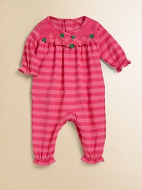 Flashy stripes and embroidered flowers adorn this precious one-piece with lots of ruffles for sweet, girly style.V-neckLong sleeves with ruffled cuffsBack snapsSeat ruffleBottom snapsRuffled hem50% cotton/50% polyesterMachine washImported Please note: Number of buttons and snaps may vary depending on size ordered. Flashy stripes and embroidered flowers adorn this precious one-piece with lots of ruffles for sweet, girly style.V-neckLong sleeves with ruffled cuffsBack snapsSeat ruffleBottom snapsRuffled hem50% cotton/50% polyesterMachine washImported Please note: Number of buttons and snaps may vary depending on size ordered.