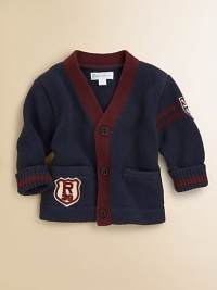 An essential V-neck cardigan in soft flat-knit cotton is accented with stripes and varsity-inspired details for a collegiate look.V-neckLong sleevesButton-frontHand welt pocketsRibbed cuffs and hemCottonMachine washImported Please note: Number of buttons may vary depending on size ordered. An essential V-neck cardigan in soft flat-knit cotton is accented with stripes and varsity-inspired details for a collegiate look.V-neckLong sleevesButton-frontHand welt pocketsRibbed cuffs and hemCottonMachine washImported Please note: Number of buttons may vary depending on size ordered.